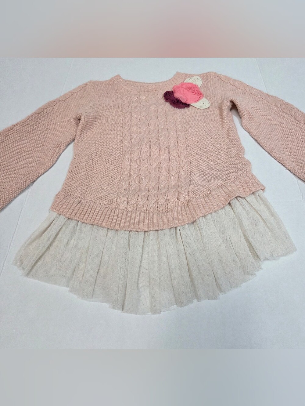 Little Lass Pink Knit Dress with Cream Tulle Skirt and Flower Applique